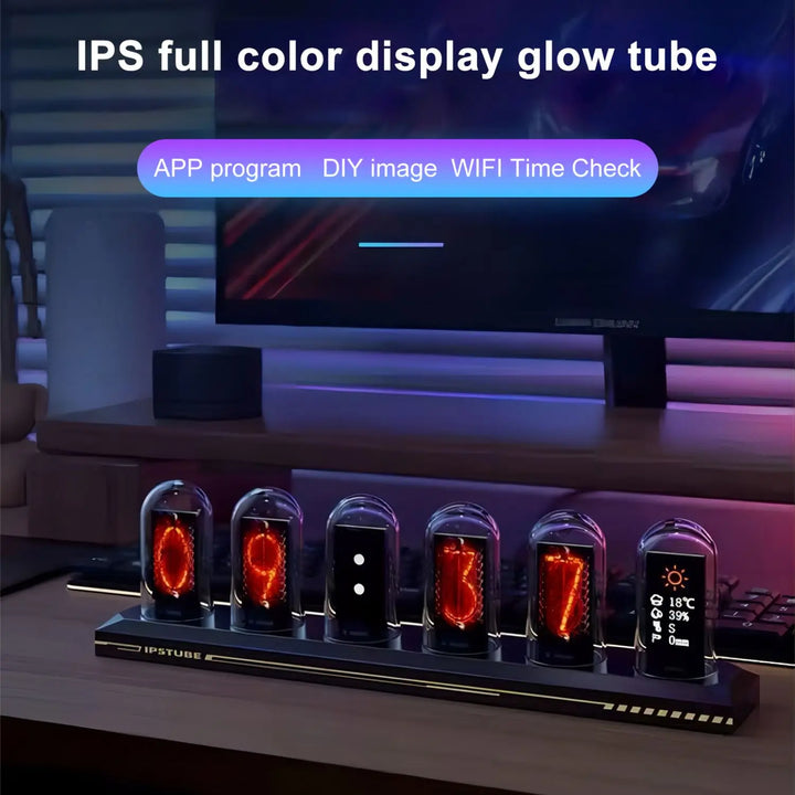 NIX-ONE LED Tube Clock – RGB Glow Display with WiFi Sync, IPS Screen & Photo Album