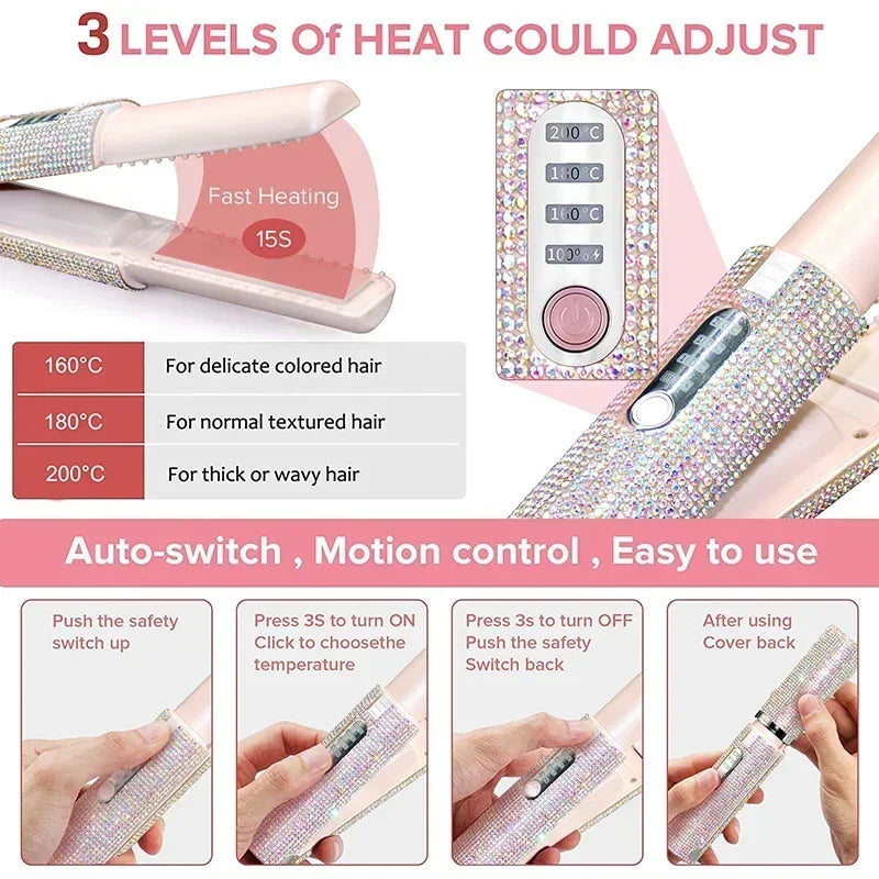 2-in-1 Cordless Hair Straightener & Curler – USB Rechargeable, Travel-Ready, Glam Diamond Edition