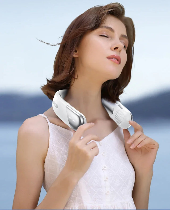 FrostHalo  8000 mAh Bladeless Neck Fan — 5‑Speed 360° Cooling with LED Display