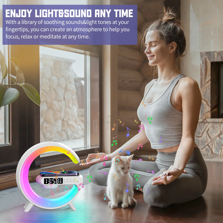 RGB Smart Alarm Clock with Wireless Charger, Bluetooth Speaker & Sunrise Light – 15W Fast Charging Dock