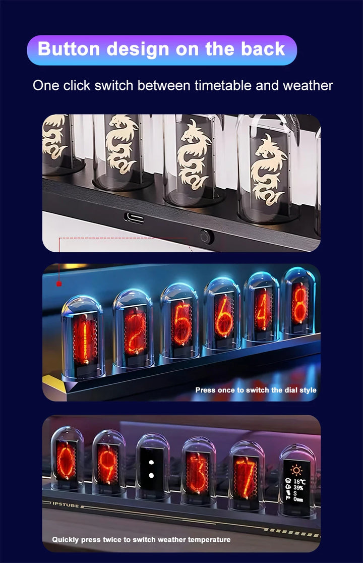 NIX-ONE LED Tube Clock – RGB Glow Display with WiFi Sync, IPS Screen & Photo Album