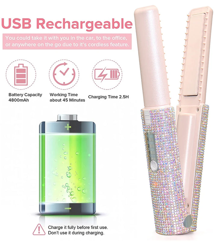 2-in-1 Cordless Hair Straightener & Curler – USB Rechargeable, Travel-Ready, Glam Diamond Edition