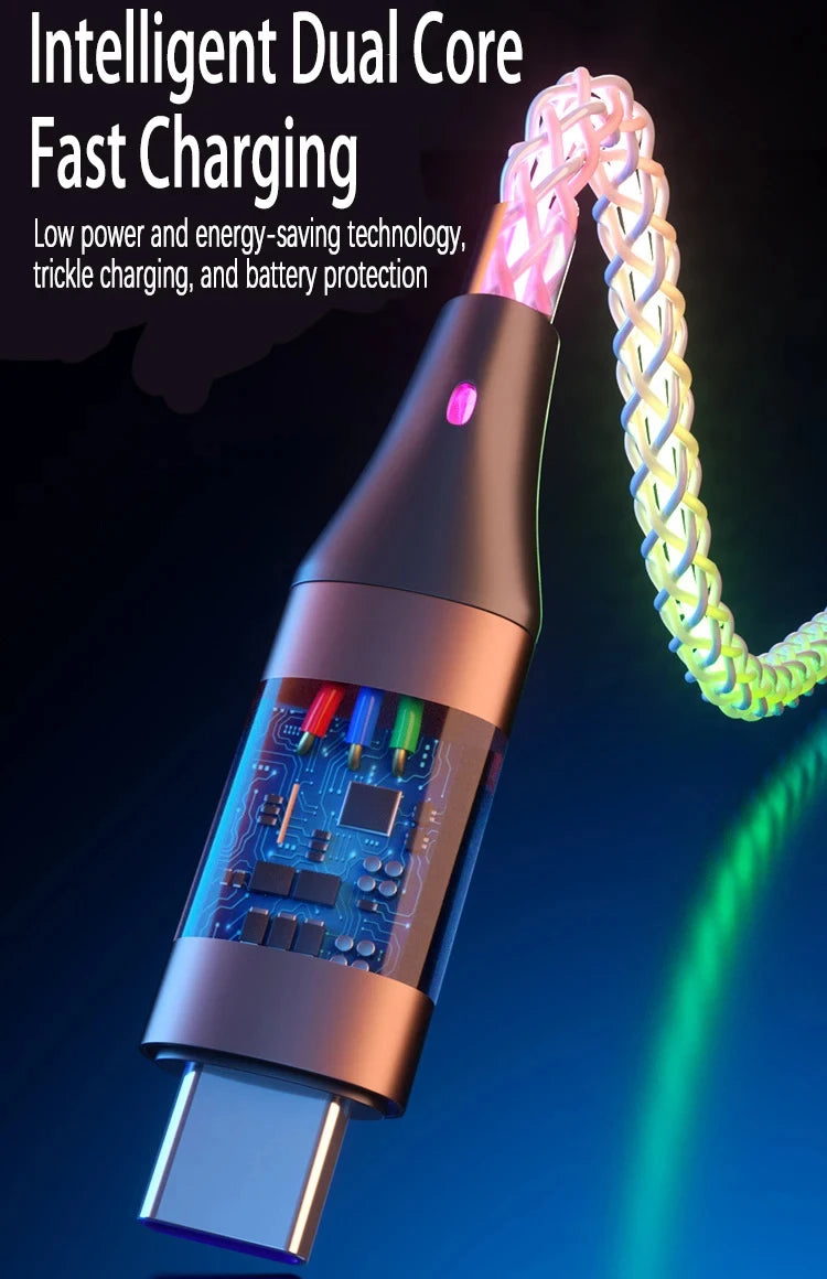 NovaLux™ – 6A RGB Gradient 3-in-1 Super Fast Charging Cable | Universal USB Charger for iOS, Android & USB-C