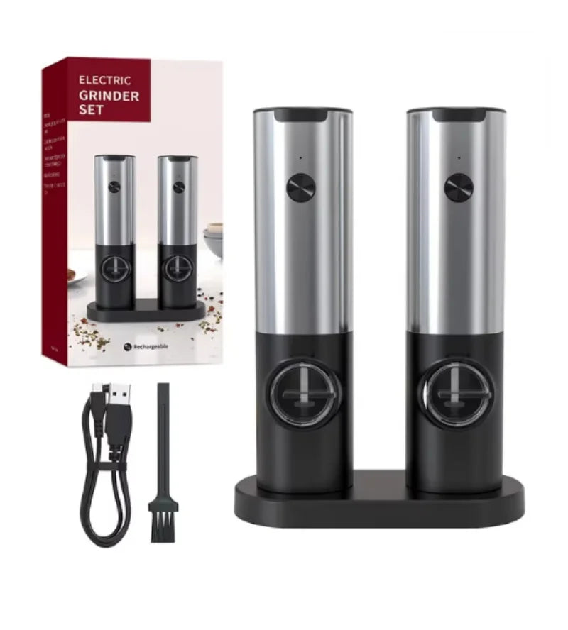 SpiceForge™ Dual USB Salt & Pepper Grinder Set — Adjustable Ceramic Burrs + LED Light + Charging Base