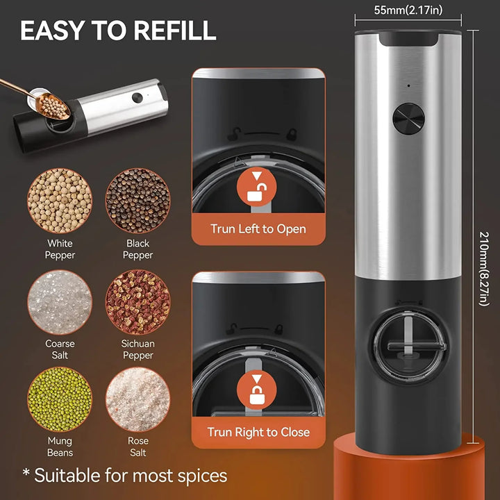 SpiceForge™ Dual USB Salt & Pepper Grinder Set — Adjustable Ceramic Burrs + LED Light + Charging Base