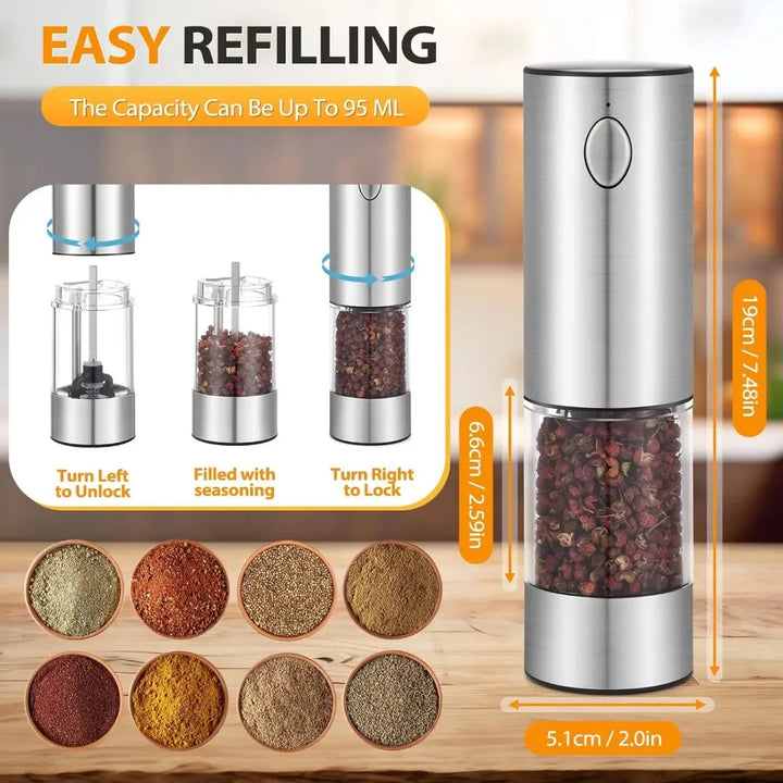 GrindMaster USB‑Rechargeable Salt & Pepper Mill — Adjustable Coarseness & LED Light