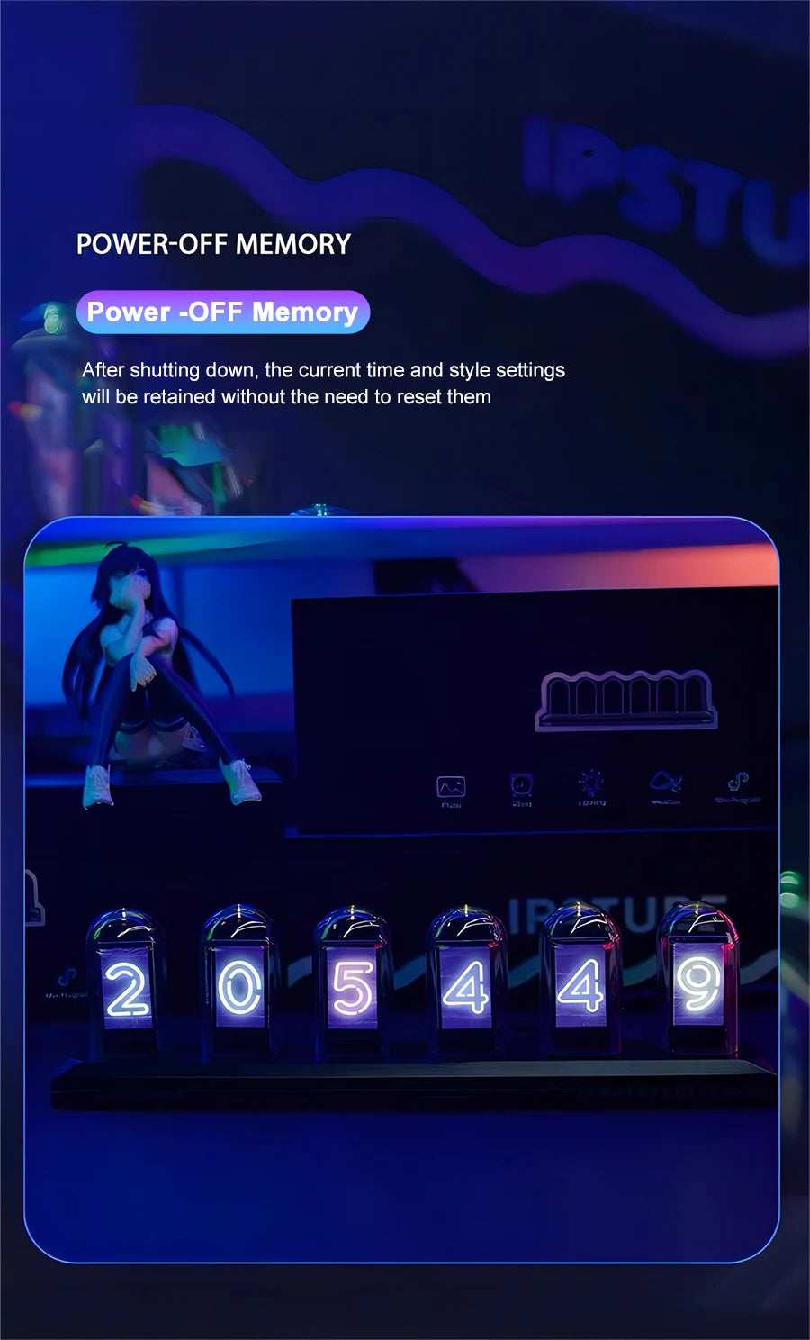 NIX-ONE LED Tube Clock – RGB Glow Display with WiFi Sync, IPS Screen & Photo Album