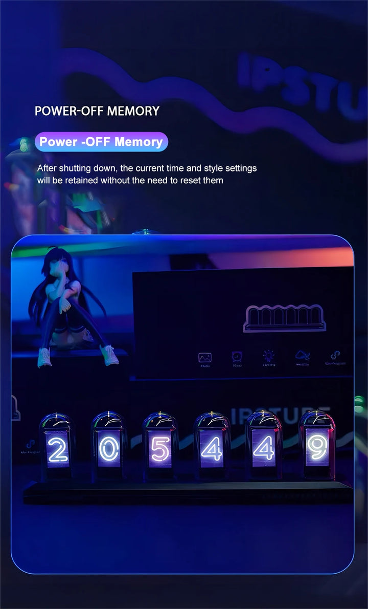 NIX-ONE LED Tube Clock – RGB Glow Display with WiFi Sync, IPS Screen & Photo Album