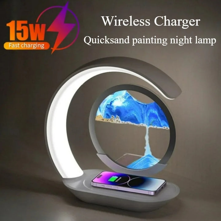 ZenGlow™ LED Sand Lamp – 15W Wireless Charging & 3D Flowing Hourglass Light