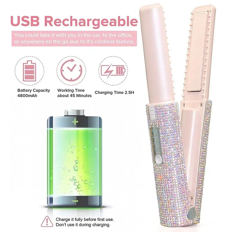 2-in-1 Cordless Hair Straightener & Curler – USB Rechargeable, Travel-Ready, Glam Diamond Edition