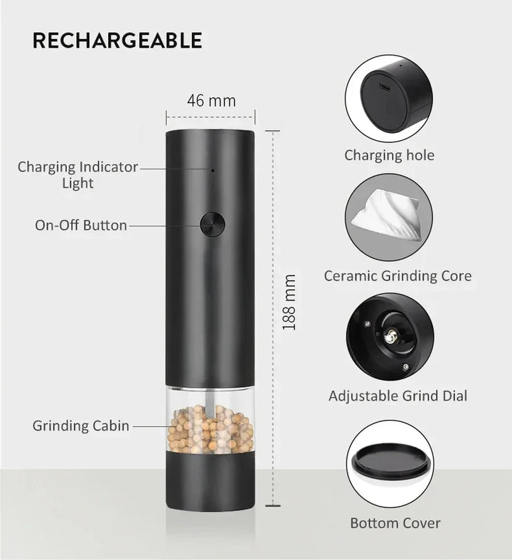 FlavorCraft USB‑Rechargeable Salt & Pepper Grinder — Stepless Ceramic Burr + LED Light