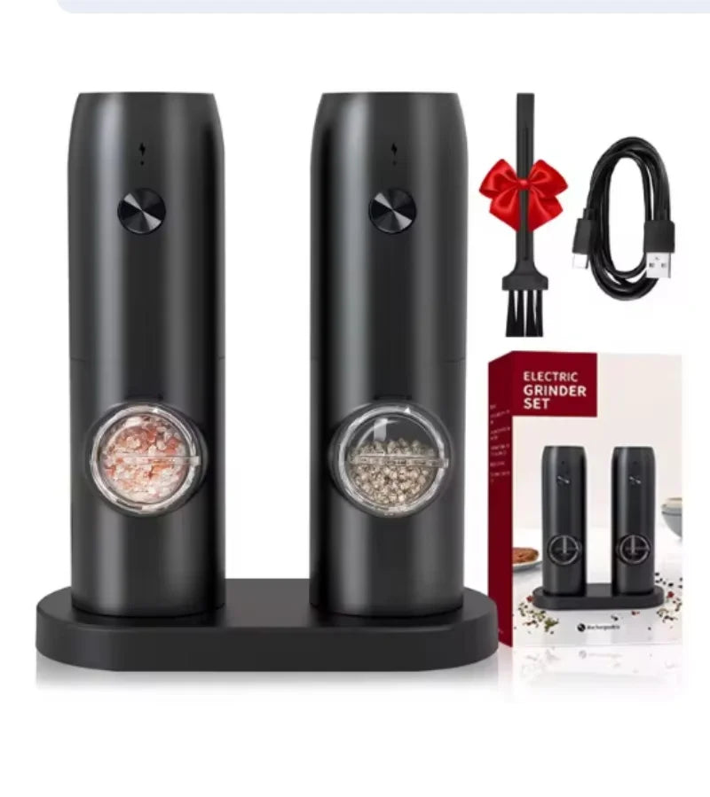 SpiceForge™ Dual USB Salt & Pepper Grinder Set — Adjustable Ceramic Burrs + LED Light + Charging Base
