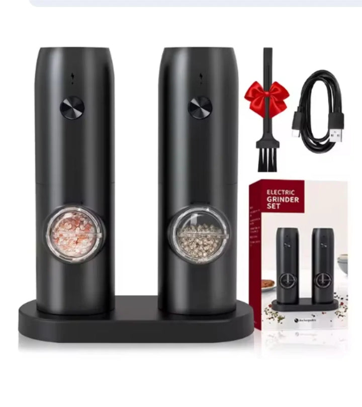 SpiceForge™ Dual USB Salt & Pepper Grinder Set — Adjustable Ceramic Burrs + LED Light + Charging Base