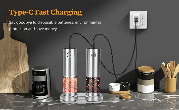 GrindMaster USB‑Rechargeable Salt & Pepper Mill — Adjustable Coarseness & LED Light