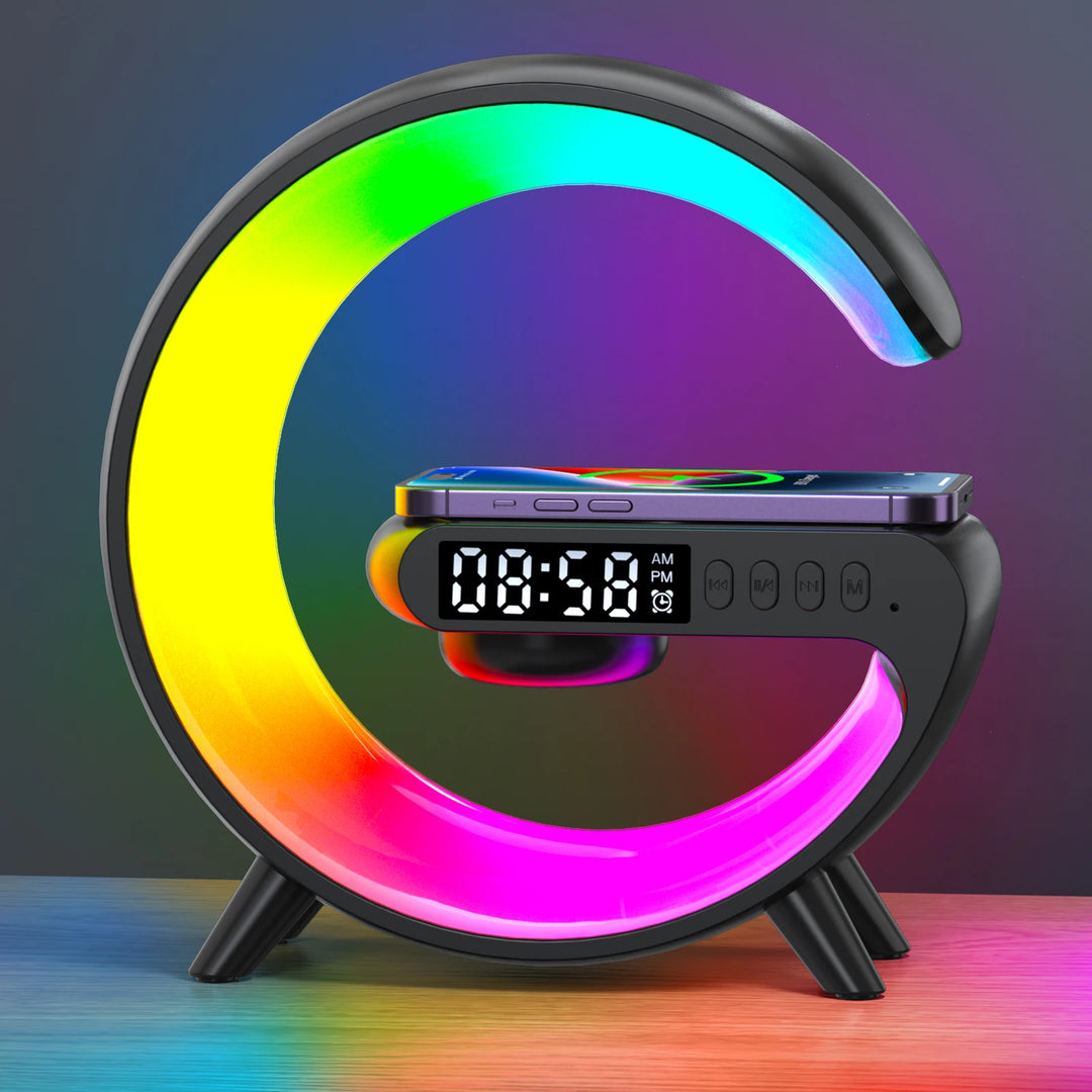 RGB Smart Alarm Clock with Wireless Charger, Bluetooth Speaker & Sunrise Light – 15W Fast Charging Dock
