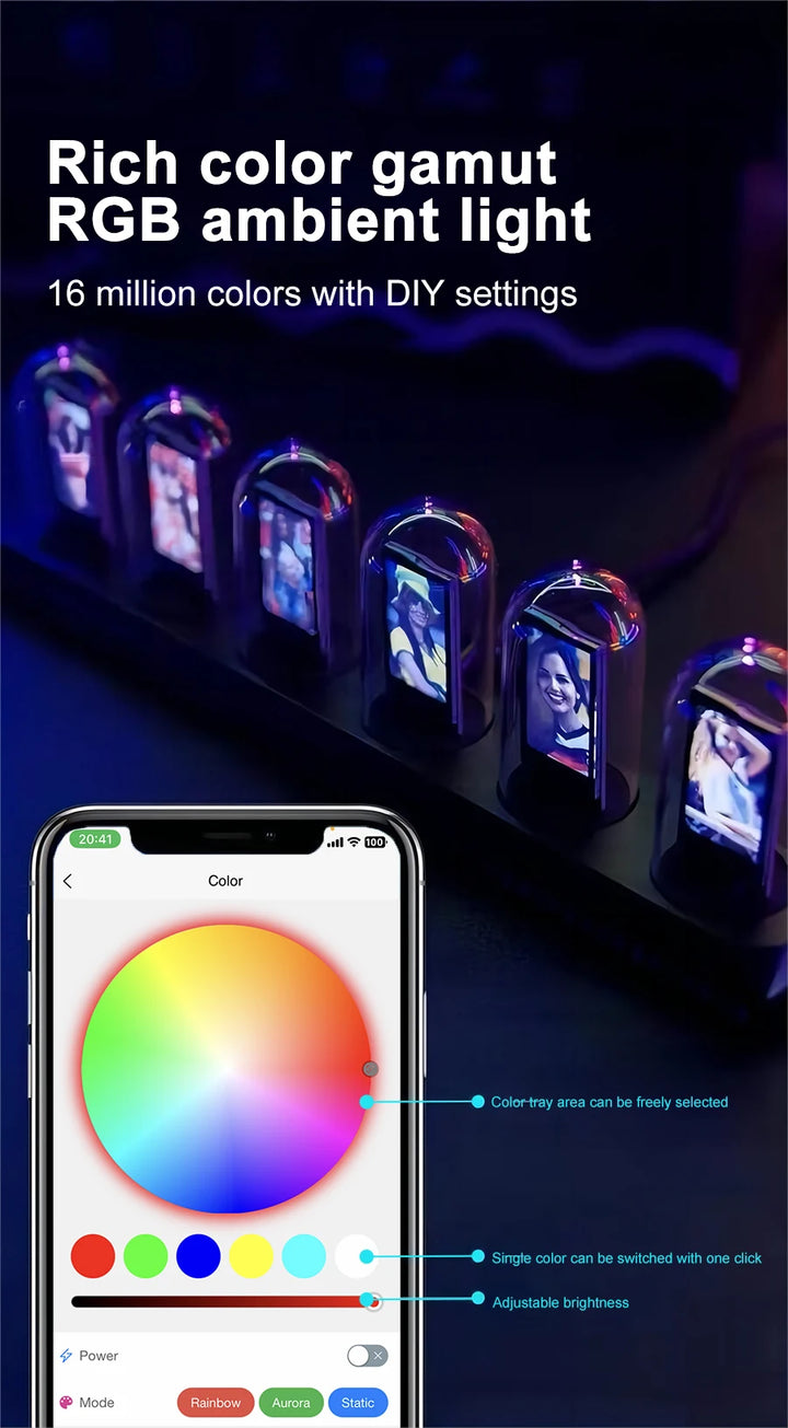 NIX-ONE LED Tube Clock – RGB Glow Display with WiFi Sync, IPS Screen & Photo Album