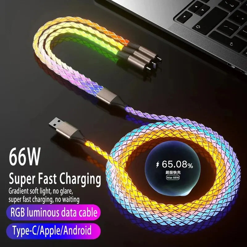 NovaLux™ – 6A RGB Gradient 3-in-1 Super Fast Charging Cable | Universal USB Charger for iOS, Android & USB-C