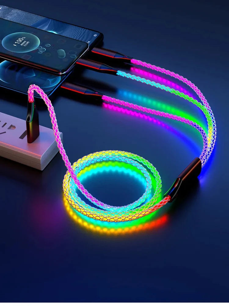 NovaLux™ – 6A RGB Gradient 3-in-1 Super Fast Charging Cable | Universal USB Charger for iOS, Android & USB-C