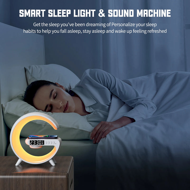 RGB Smart Alarm Clock with Wireless Charger, Bluetooth Speaker & Sunrise Light – 15W Fast Charging Dock