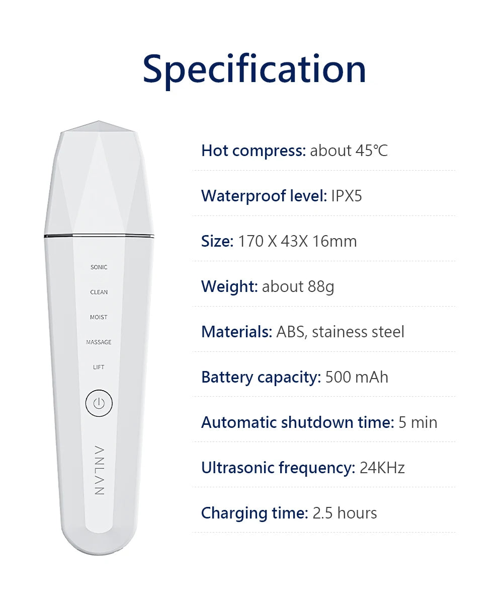 ANLAN Ultrasonic Skin Scrubber – 5-in-1 Facial Lifting Device with EMS, ION, Sonic & 45°C Heat