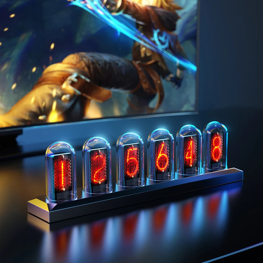 NIX-ONE LED Tube Clock – RGB Glow Display with WiFi Sync, IPS Screen & Photo Album