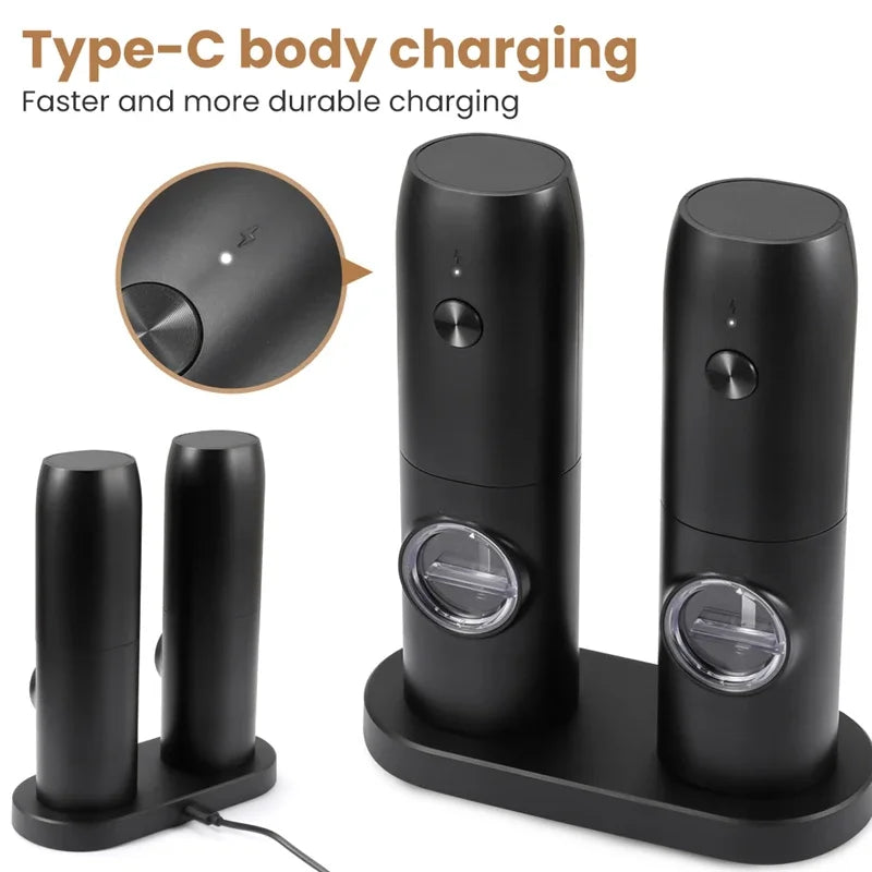 SpiceForge™ Dual USB Salt & Pepper Grinder Set — Adjustable Ceramic Burrs + LED Light + Charging Base