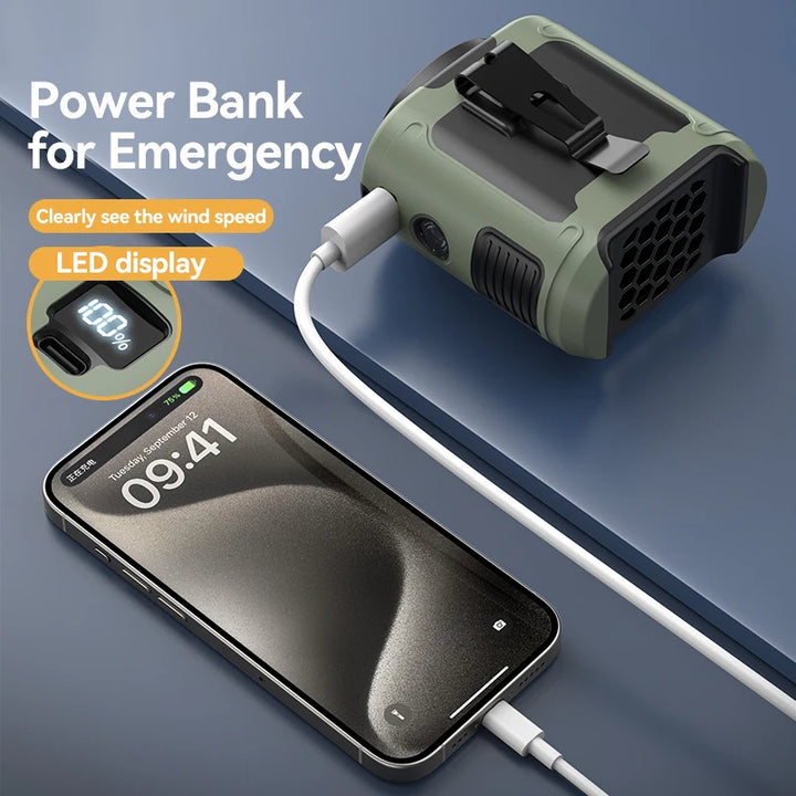 BreezePro™ 20000 mAh 3‑in‑1 Waist & Neck Fan — Turbo‑Wind, LED Light, Power‑Bank
