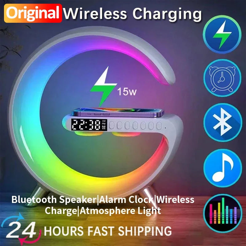 RGB Smart Alarm Clock with Wireless Charger, Bluetooth Speaker & Sunrise Light – 15W Fast Charging Dock