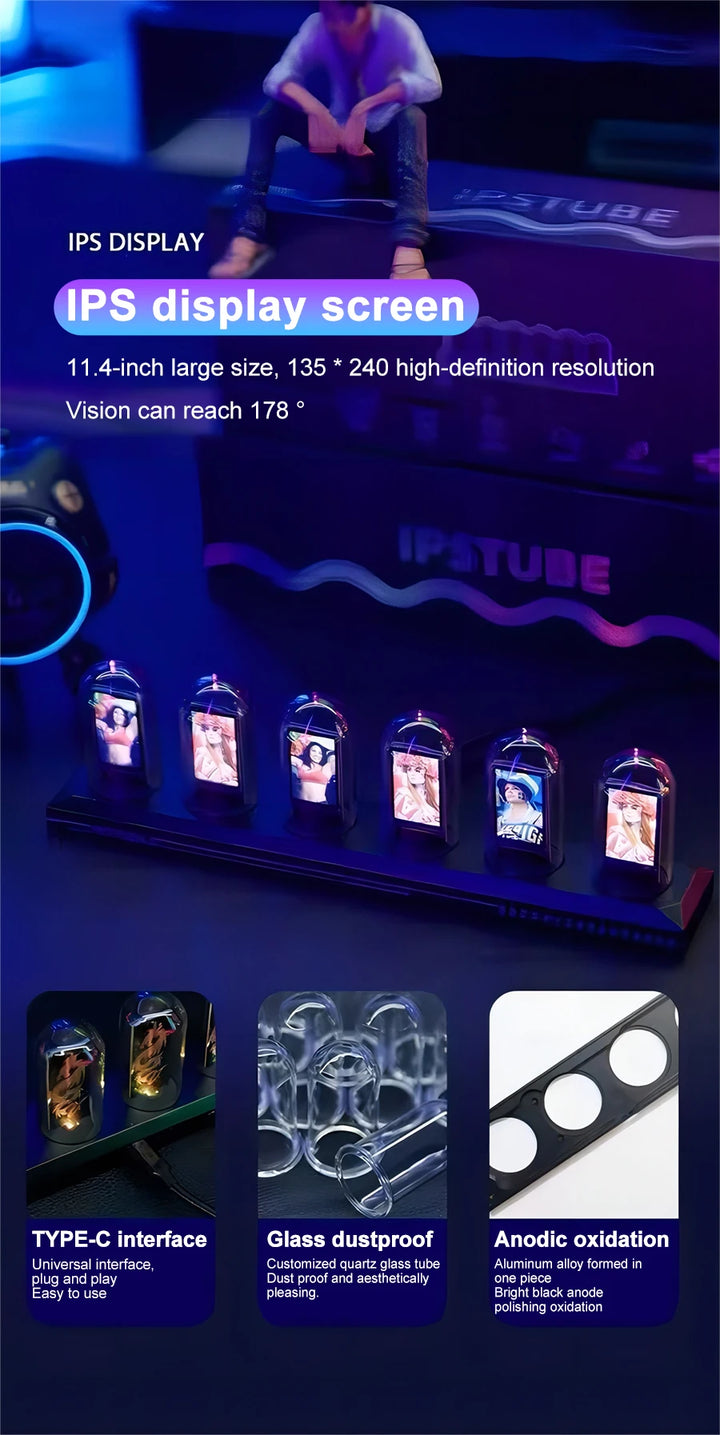 NIX-ONE LED Tube Clock – RGB Glow Display with WiFi Sync, IPS Screen & Photo Album
