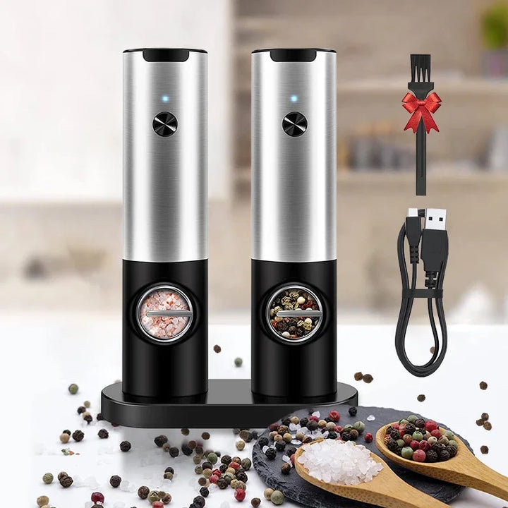 SpiceForge™ Dual USB Salt & Pepper Grinder Set — Adjustable Ceramic Burrs + LED Light + Charging Base