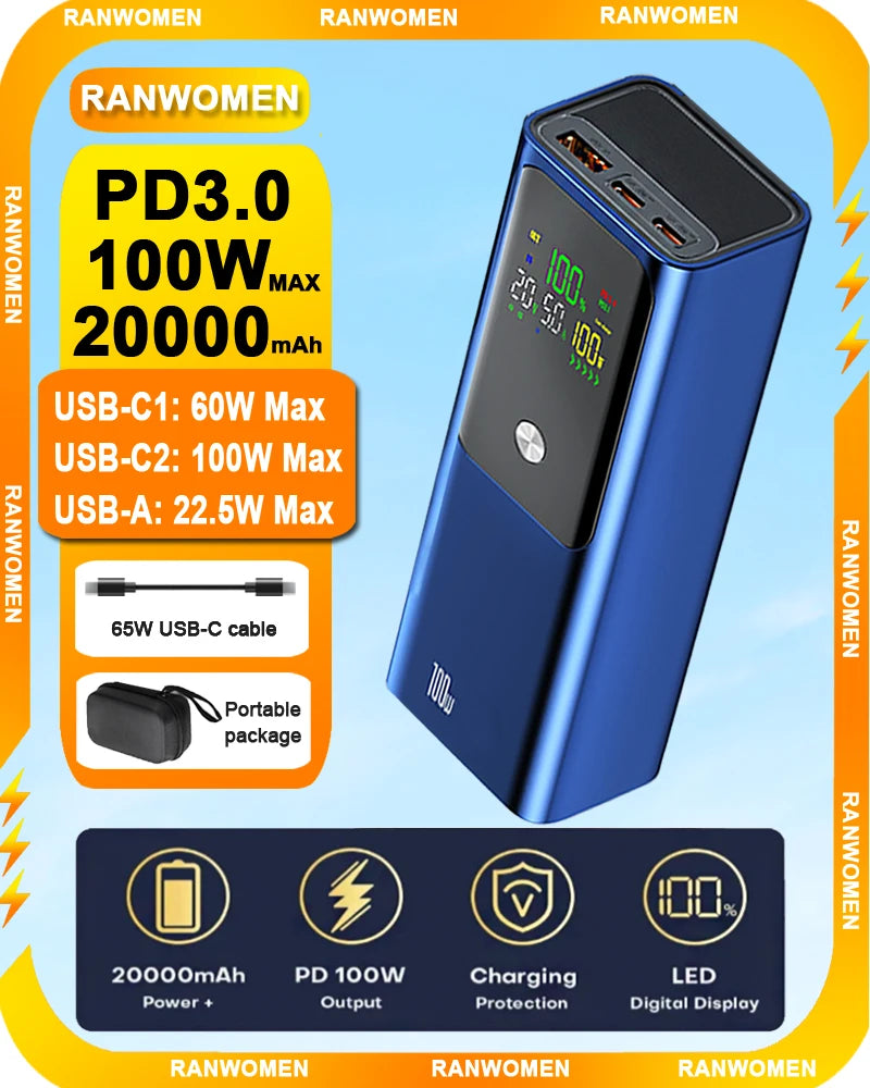 Ranwomen TurboCharge 100W Power Bank 20000mAh | Ultra-Fast PD Charging