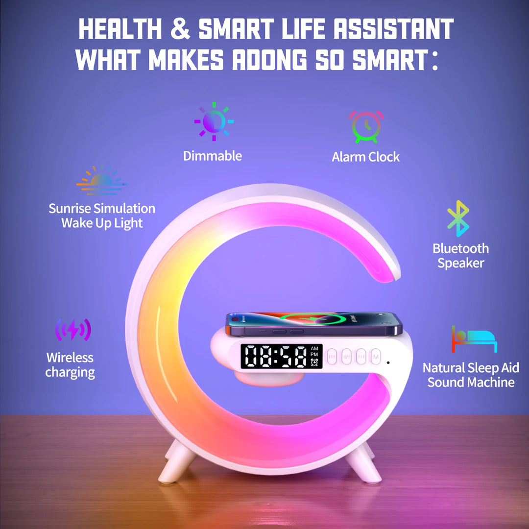 RGB Smart Alarm Clock with Wireless Charger, Bluetooth Speaker & Sunrise Light – 15W Fast Charging Dock