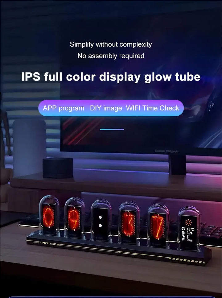 NIX-ONE LED Tube Clock – RGB Glow Display with WiFi Sync, IPS Screen & Photo Album