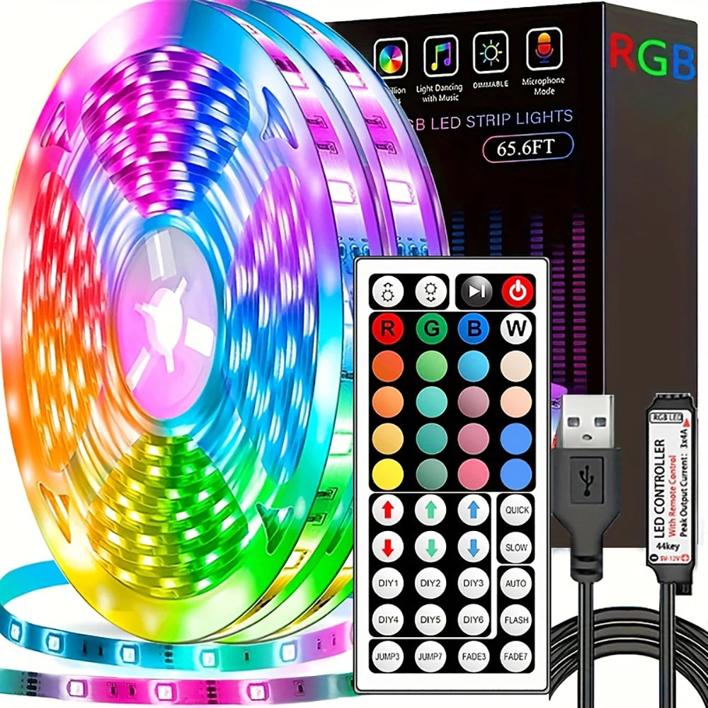 AuroraGlow™ – RGB LED Strip Lights 10m/20m | Vibrant Room & Party Ambience with 44-Key Remote