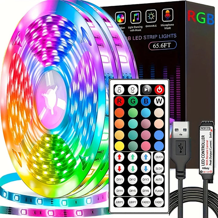 AuroraGlow™ – RGB LED Strip Lights 10m/20m | Vibrant Room & Party Ambience with 44-Key Remote