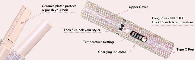 2-in-1 Cordless Hair Straightener & Curler – USB Rechargeable, Travel-Ready, Glam Diamond Edition
