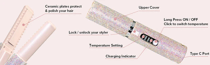2-in-1 Cordless Hair Straightener & Curler – USB Rechargeable, Travel-Ready, Glam Diamond Edition