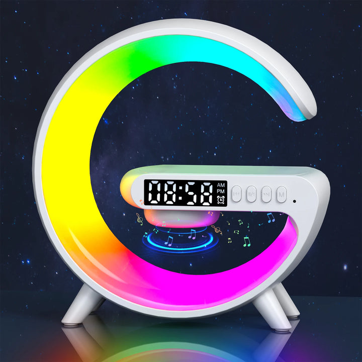 RGB Smart Alarm Clock with Wireless Charger, Bluetooth Speaker & Sunrise Light – 15W Fast Charging Dock