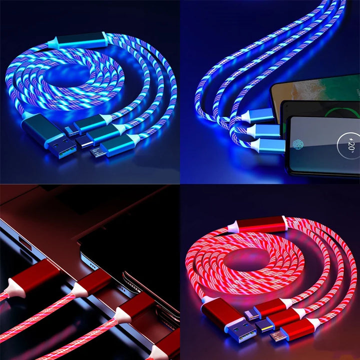 LuminaFlow™ – 3-in-1 Glowing Streamer Charging Cable | Magical LED Fast Charger for iPhone, Samsung & USB-C