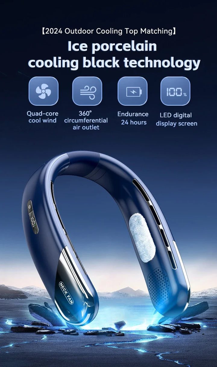 FrostHalo  8000 mAh Bladeless Neck Fan — 5‑Speed 360° Cooling with LED Display