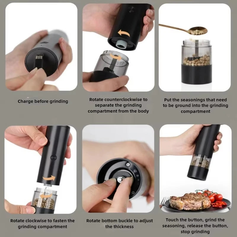 FlavorCraft USB‑Rechargeable Salt & Pepper Grinder — Stepless Ceramic Burr + LED Light