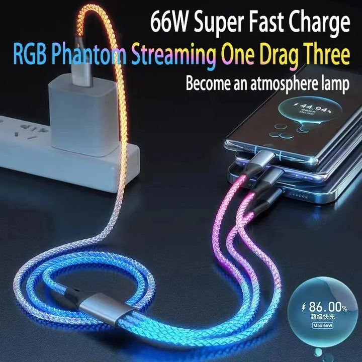 NovaLux™ – 6A RGB Gradient 3-in-1 Super Fast Charging Cable | Universal USB Charger for iOS, Android & USB-C